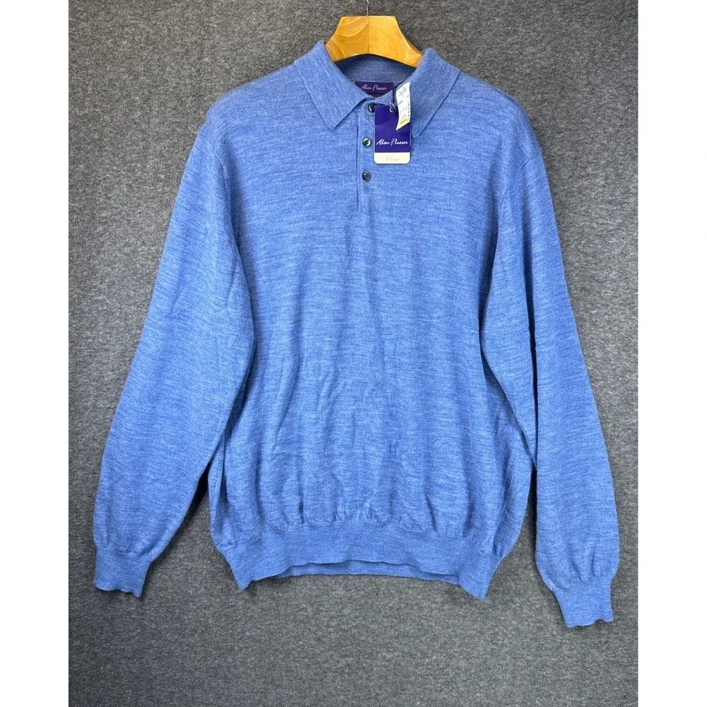 NWT Alan Flusser Polo Sweater‎ Mens XL Blue Merino Wool Long Sleeve Quiet Luxury
